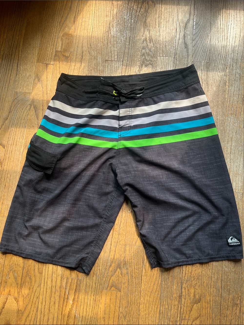 Quiksilver Men’s Black Boardshorts with Teal & Green Stripes